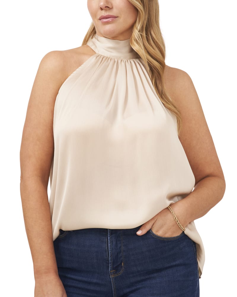 Front of a model wearing a size 1X S/L HALTER TIE BACK TOP in TAPIOCA by 1.State. | dia_product_style_image_id:294055